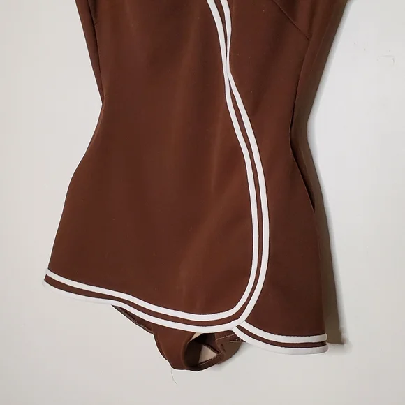 60s Sweetheart Brown Vintage One Piece Swimsuit with White Striped Lining - Picture 4 of 13